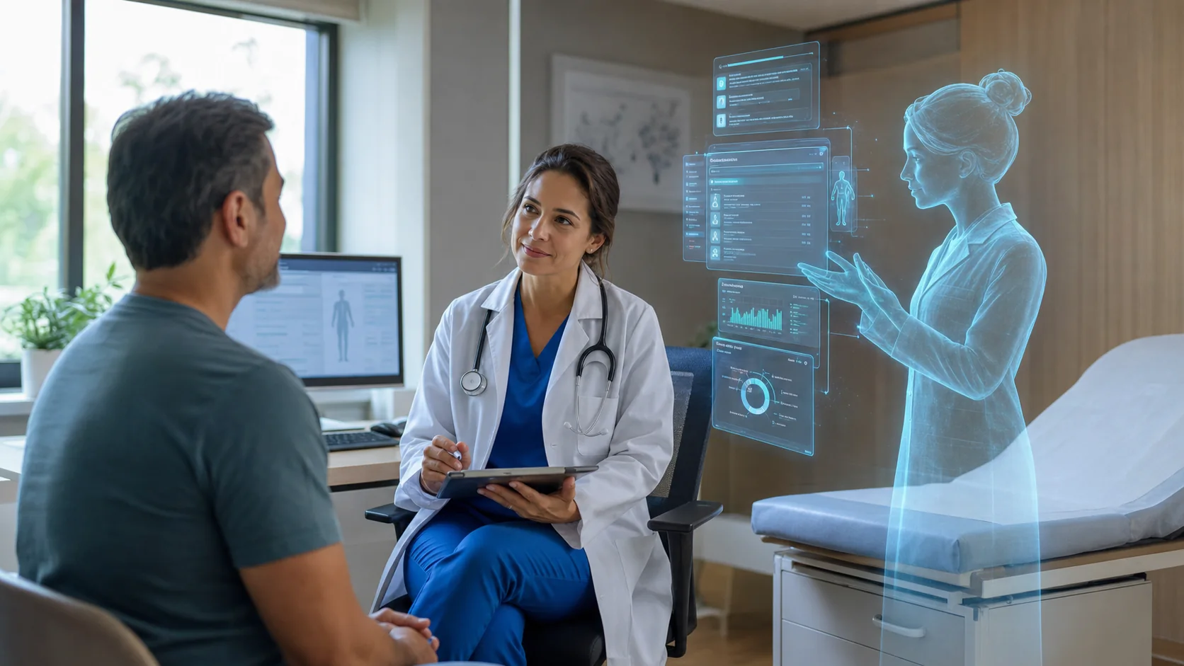 Assistente virtual de IA apoiando um atendimento em consultório, organizando informações do paciente