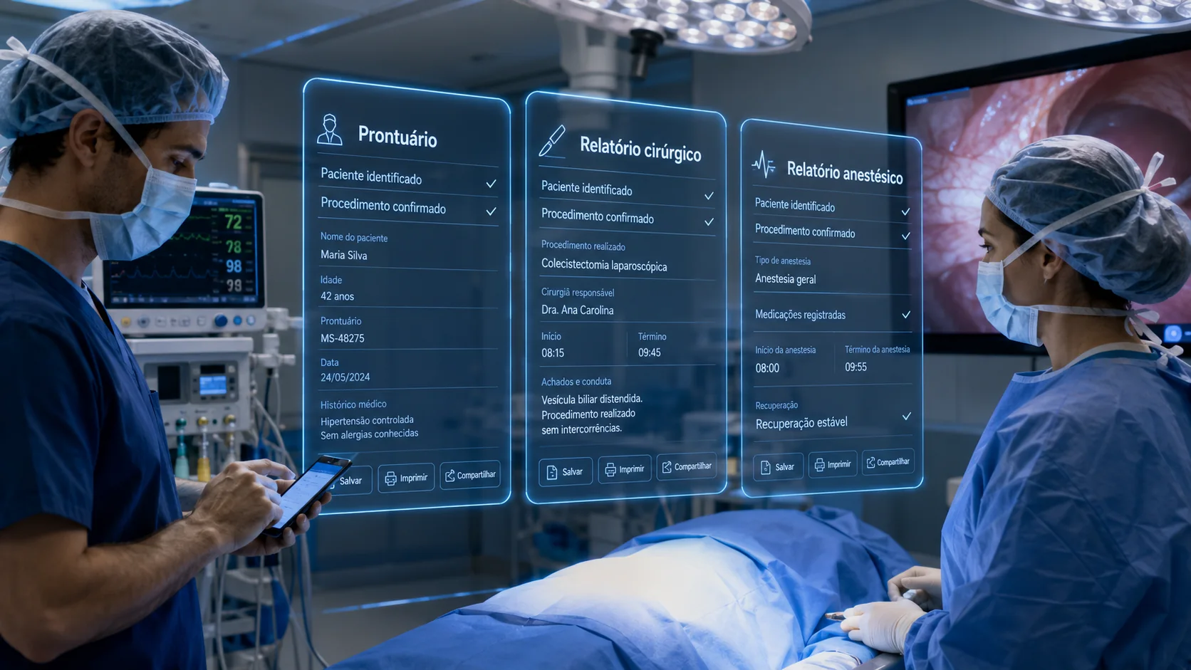 Exemplo ilustrativo de documentação médica construída por voz com apoio de inteligência artificial