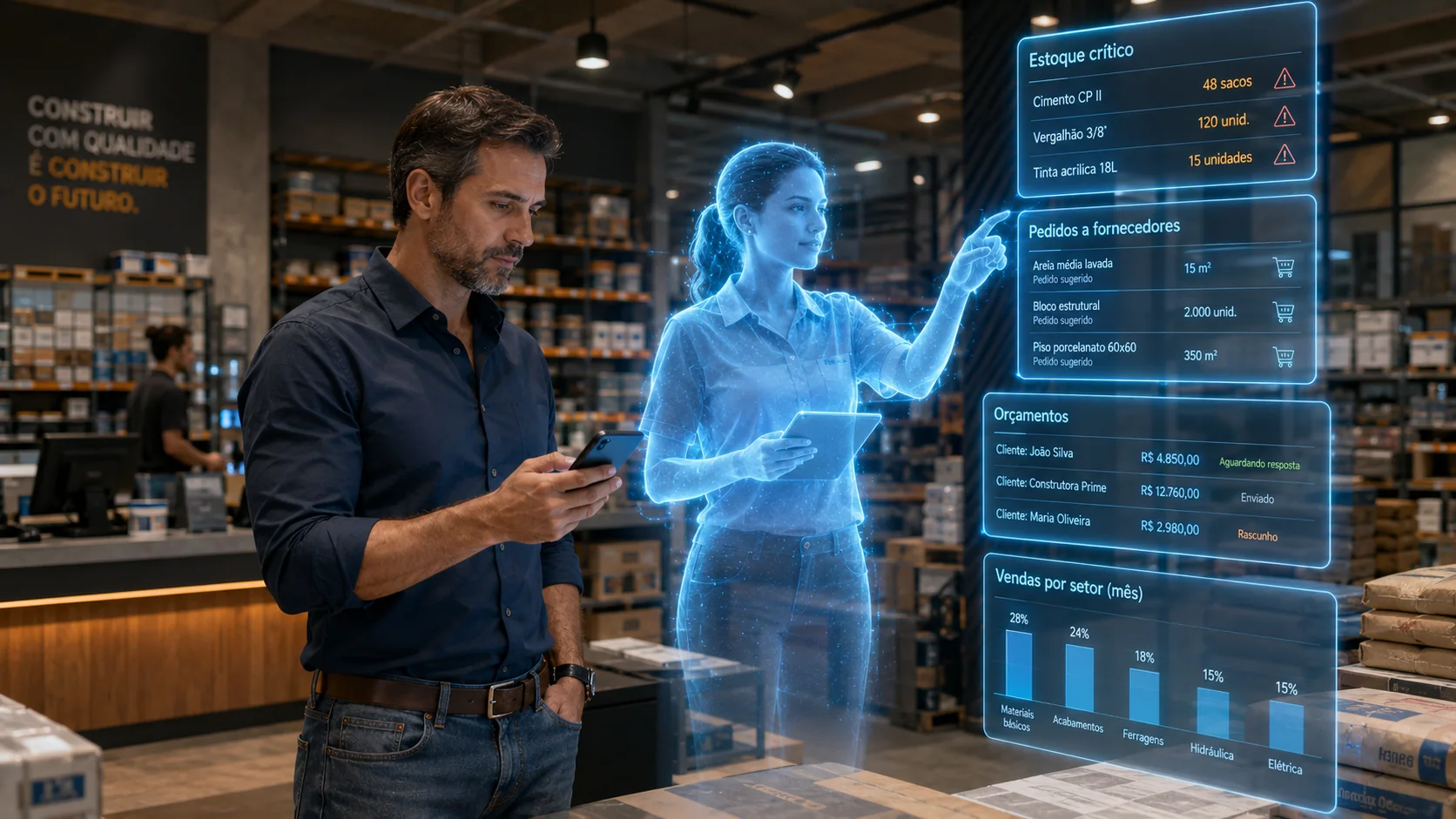 Empresário gerenciando a empresa pelo celular com dashboards e funcionária digital de IA