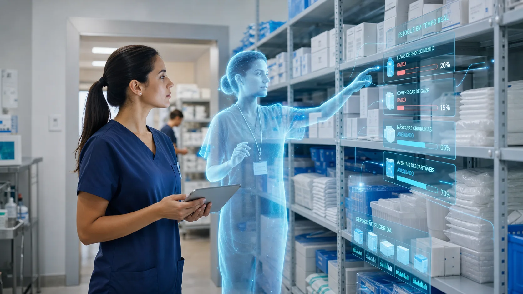 Funcionária digital de IA monitorando estoque e produtos ao lado da equipe da loja