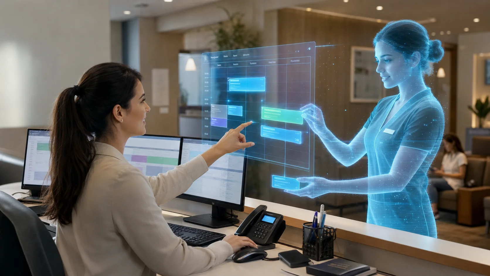 Funcionária digital de IA organizando a agenda e o atendimento ao lado da recepcionista da empresa
