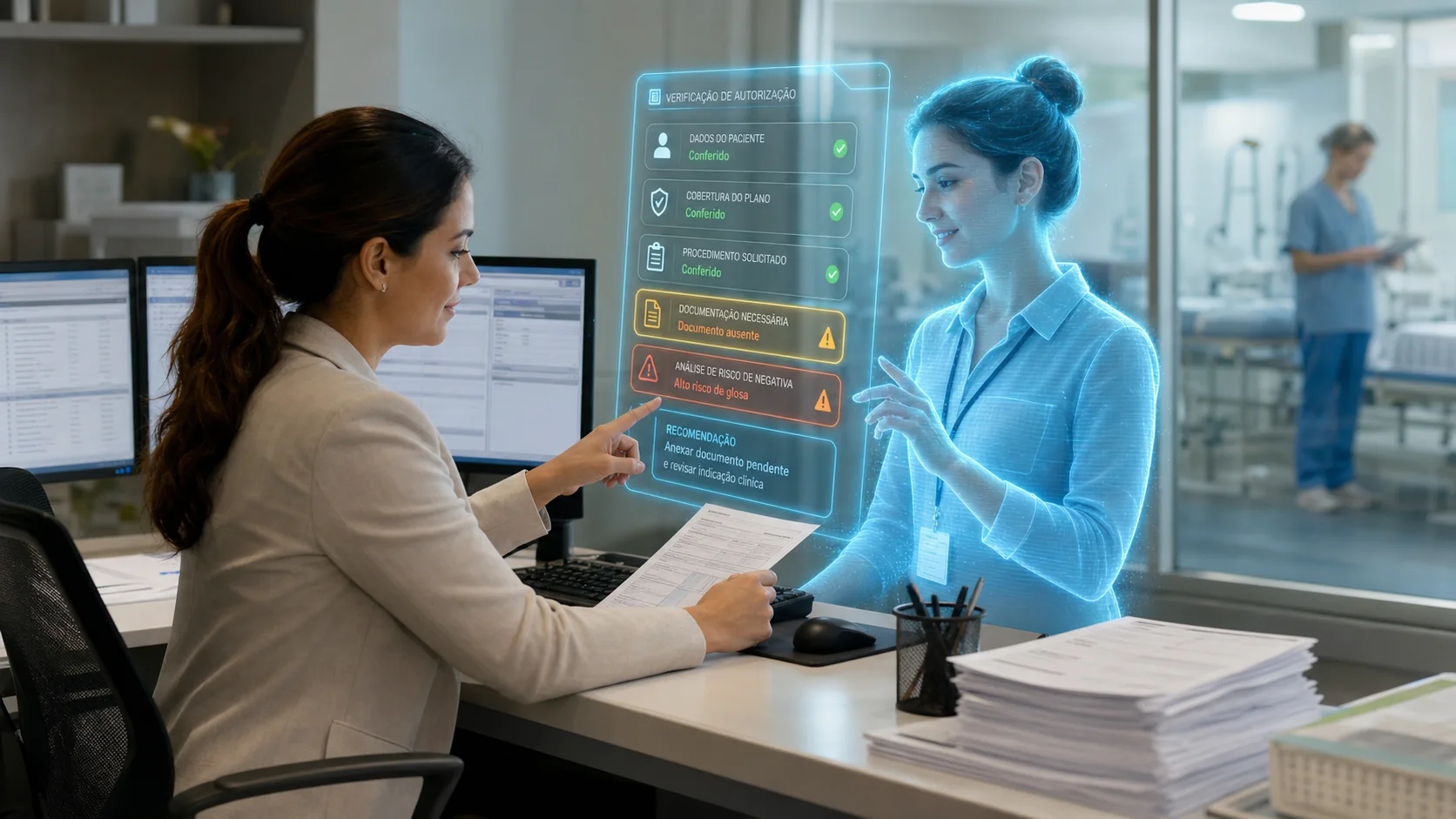 Funcionária digital de IA assumindo rotinas repetitivas de atendimento e administrativo na empresa