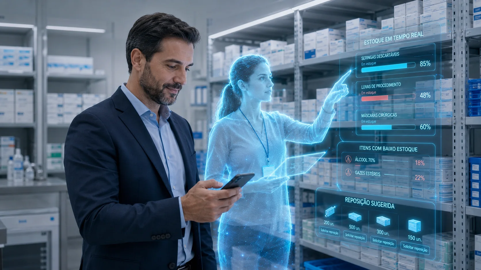 Dono de empresa acompanhando em tempo real tudo o que acontece na operação, com apoio de uma funcionária digital de IA
