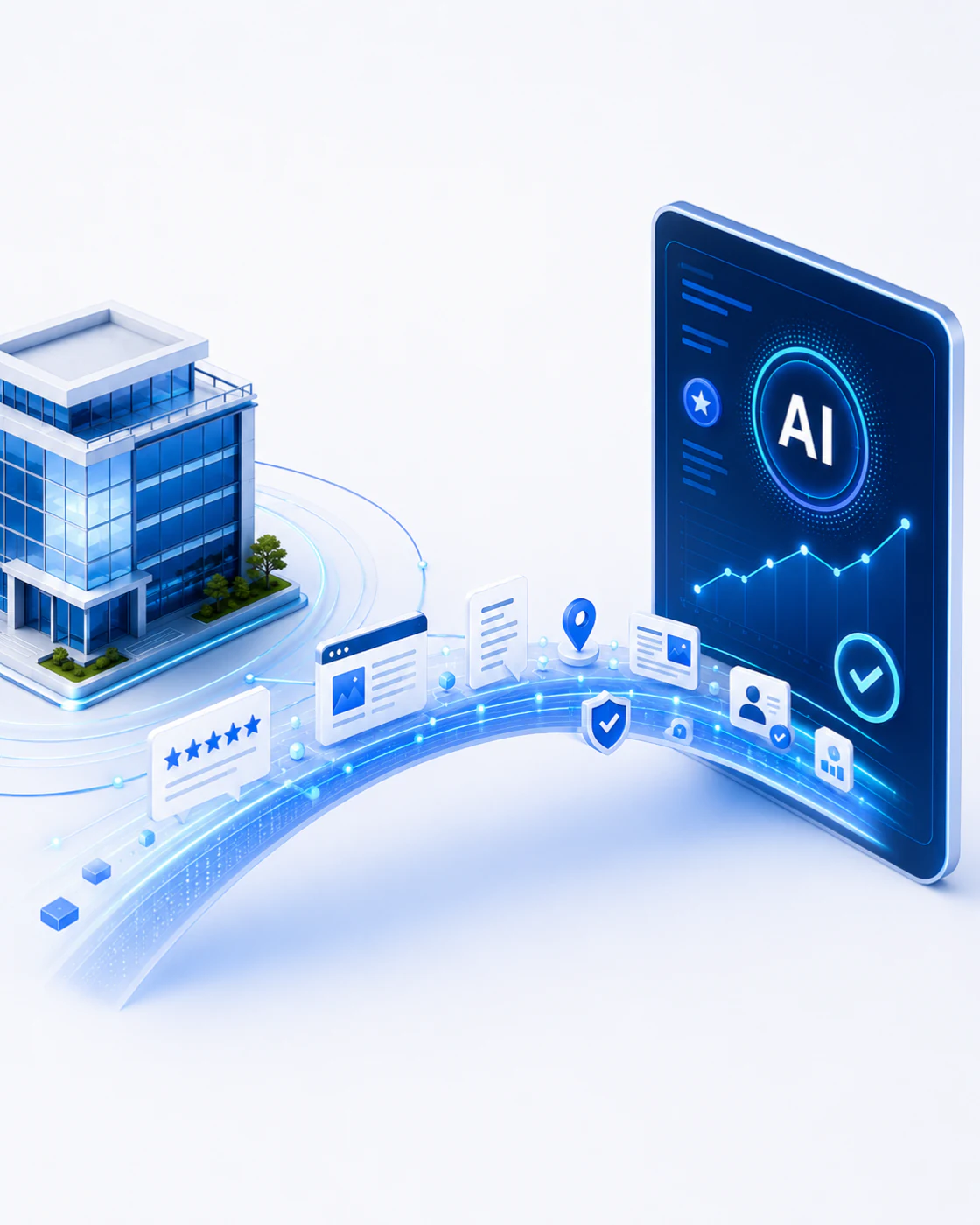 Ilustração de uma empresa conectando informações, avaliações, localização e identidade até uma plataforma de inteligência artificial