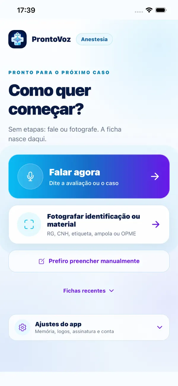 Tela de início do ProntoVoz Anestesia