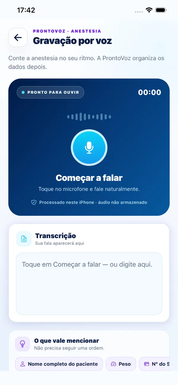 Tela de gravação por voz do ProntoVoz Anestesia