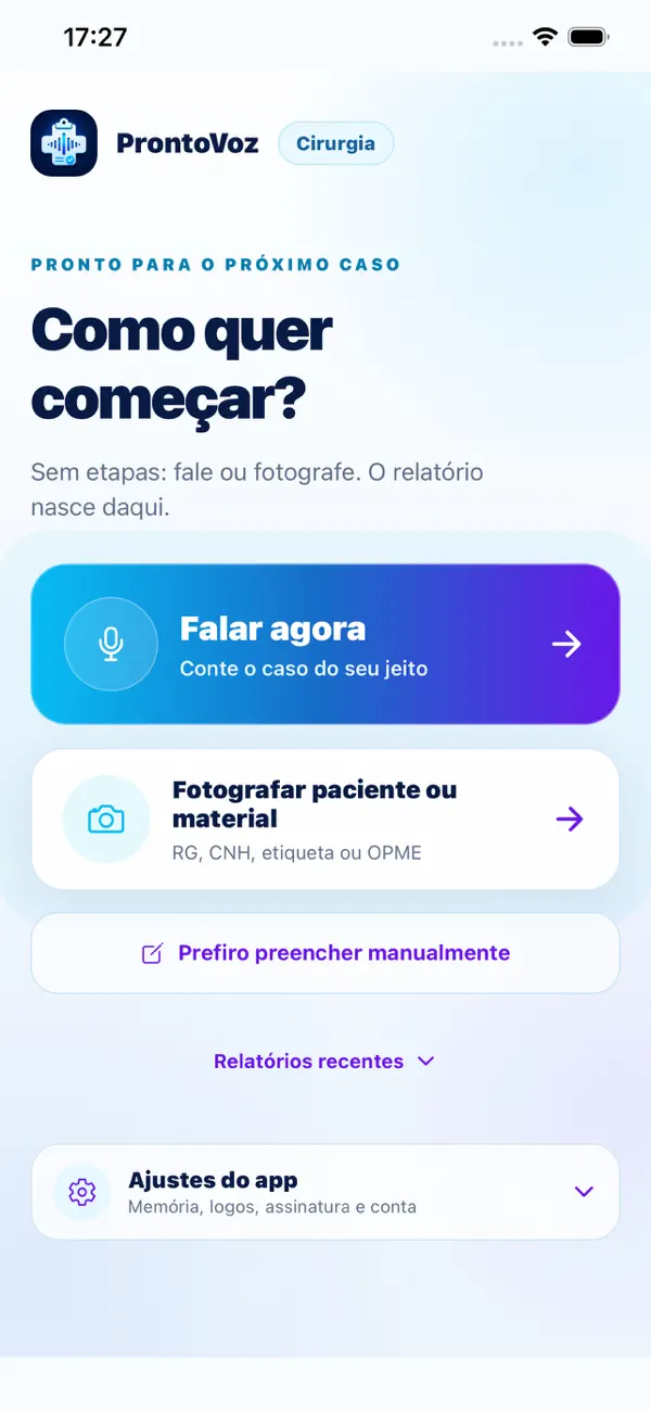 Tela de início do ProntoVoz Cirurgia