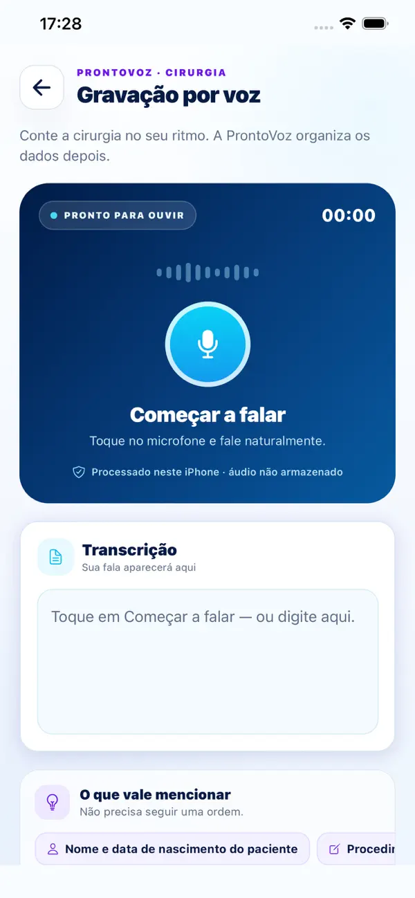 Tela de gravação por voz do ProntoVoz Cirurgia