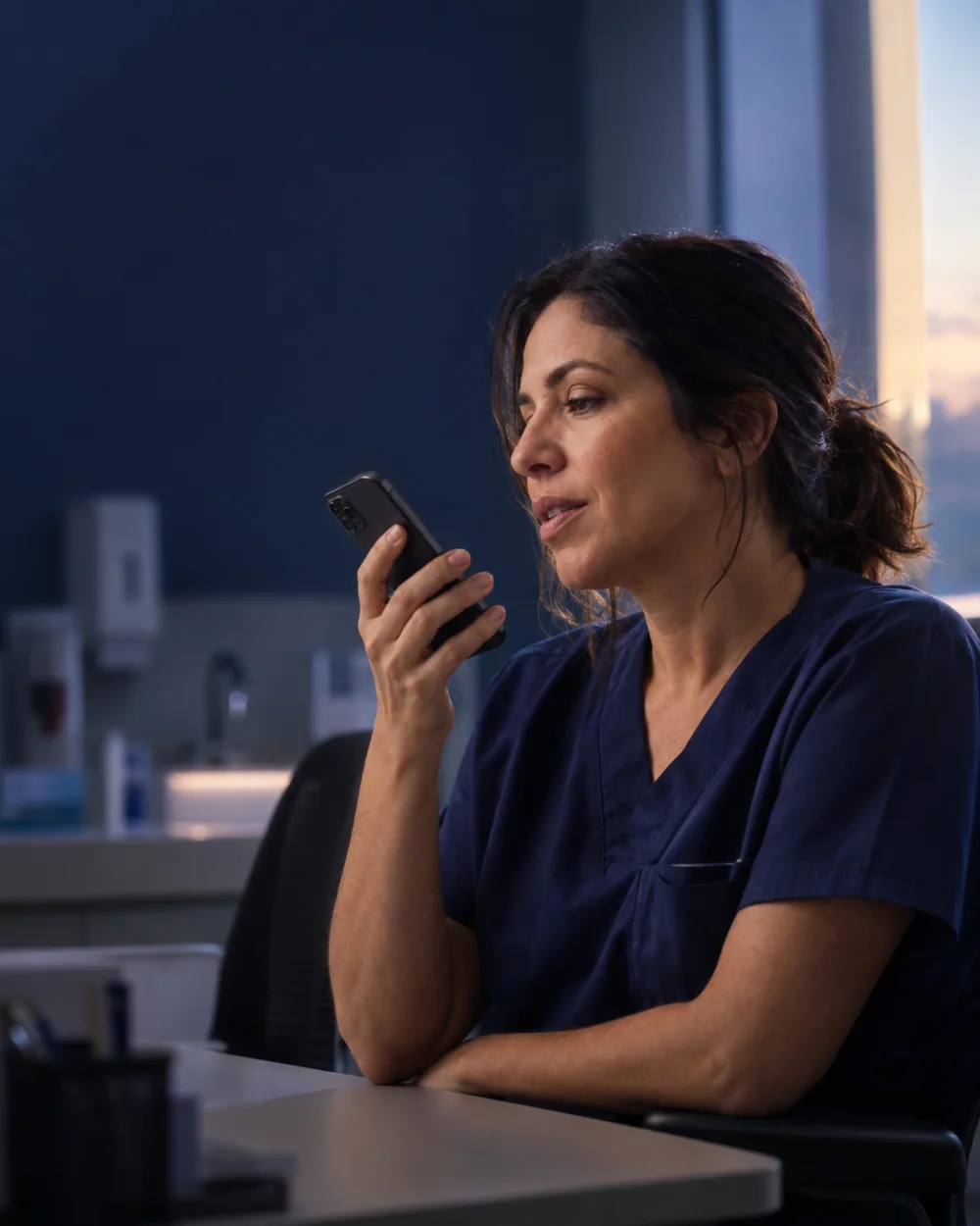 Anestesiologista registrando informações por voz no iPhone