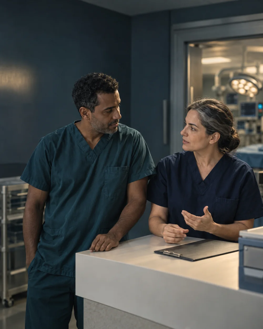 Profissionais de cirurgia conversando ao fim de um procedimento