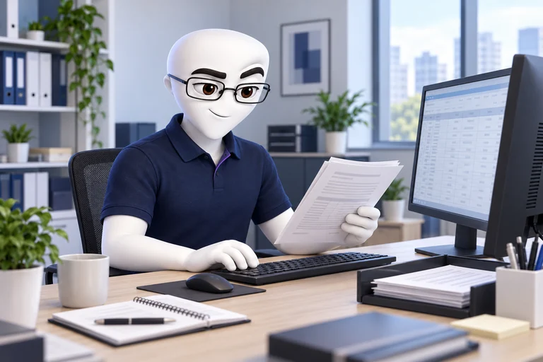 Zé conferindo documentos em sua mesa de trabalho.